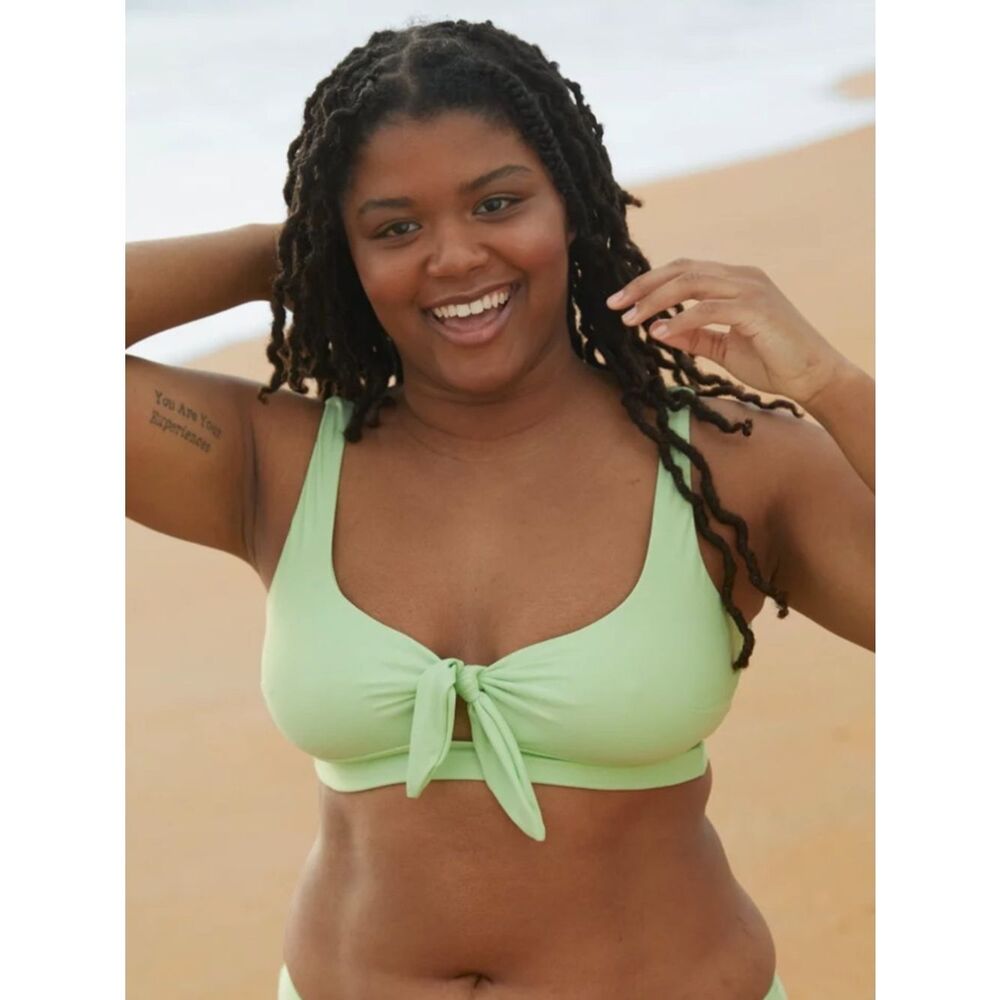 Aerie NWT Green Tie Front Scoop Bikini Top Wide Strap Size XS